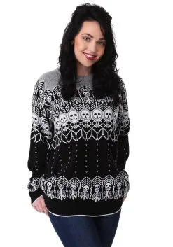 Black And White Skeleton Adult Ugly Halloween Sweater -Fun Place Pop Store adult black and white skeleton ugly halloween sweater 1
