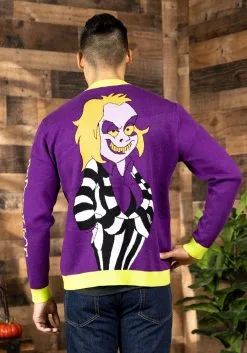 Adult Cakeworthy Beetlejuice Purple Knit Cardigan -Fun Place Pop Store adult cakeworthy beetlejuice knit cardigan alt 1