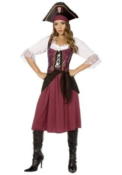 Womens Plus Size Burgundy Pirate Wench Costume