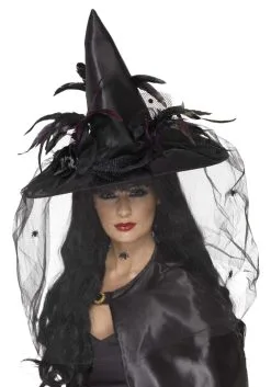 Women's Feathers And Netting Black Witch Hat