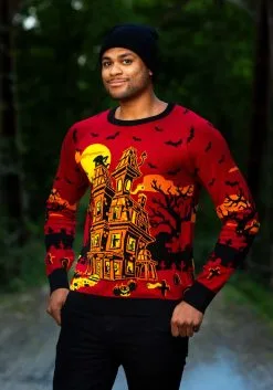 Adult Haunted House Ugly Halloween Sweater -Fun Place Pop Store haunted house halloween sweater for adults 2