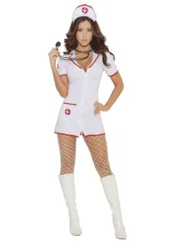 Head Nurse Costume For Women W/ Hat And White Dress